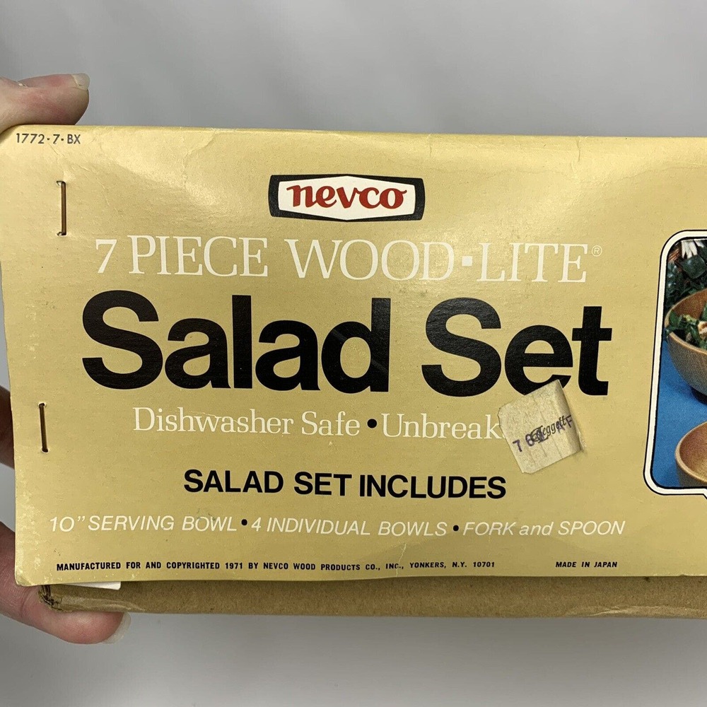 Vintage Nevco 7 Pc Wood Lite Salad Set Plastic Serving Bowl Salad Bowls Utensils - Picture 3 of 11